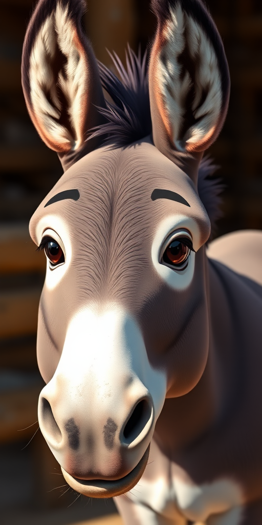 Create a high-resolution cartoon-style image of a donkey with detailed textures and features, captured with a DSLR camera at 50mm focal length, f/2.8 aperture, ISO 100, in natural lighting to enhance clarity and colors.