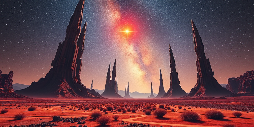 Create a futuristic landscape featuring towering alien structures under a starry sky with a red star, using a DSLR camera with a 24mm lens, f/8 aperture, ISO 100, 1/200s shutter speed, wide angle view, and high dynamic range photography style.