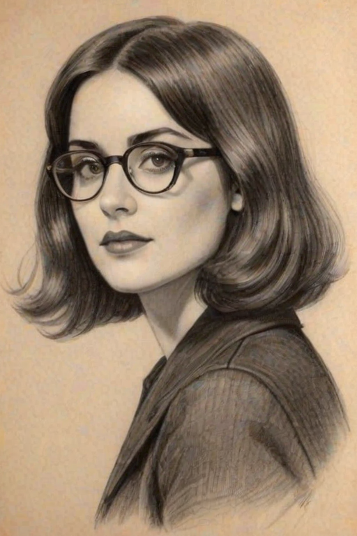 Appealing Emmy Lou Harris, pencil sketch, portrait of Fascinating woman 1924s in glasses, hair style beatnik, outline, clear lines, fine lines, 8k