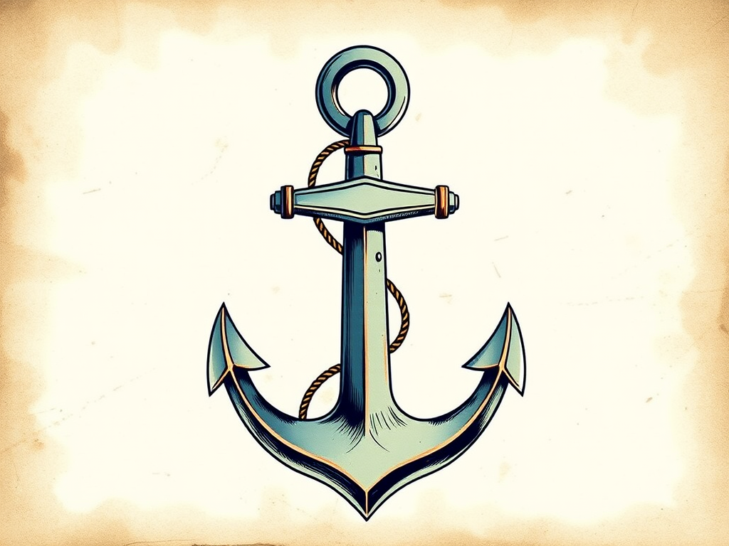 Create a high-resolution illustration of an anchor with a vintage style, using a DSLR camera at f/8, ISO 100, 50mm lens, with a macro view and natural lighting for enhanced detail and clarity.