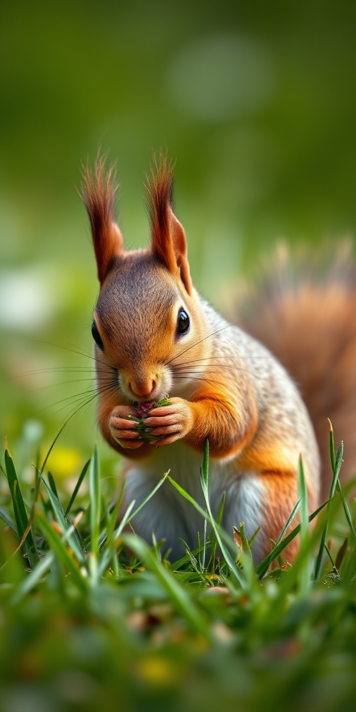 squirrel eating in a grassy meadow, shallow depth of field, natural lighting, close-up view, DSLR camera, f/2.8 aperture, ISO 200, 50mm lens, soft focus background, vibrant colors