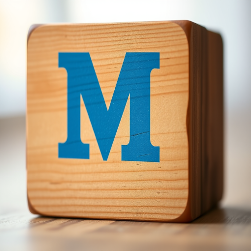 Create an image of a wooden block with a large blue "M" on its side, with a depth of field effect, shot in natural light using a DSLR camera at f/2.8, 50mm lens, ISO 100, with a close-up view to emphasize texture and detail.