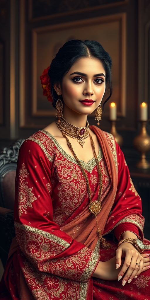 A beautiful Pakistani woman in traditional East Asian attire, intricately detailed with embroidered patterns, sitting gracefully in a richly decorated room, soft ambient lighting, serene and elegant, ultra-realistic, 8K resolution