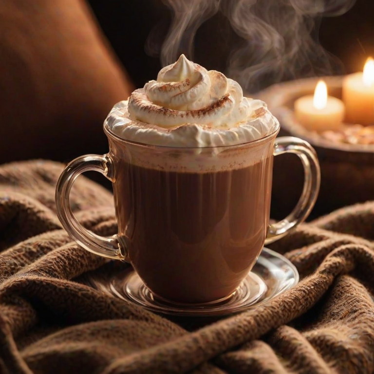 Warmly lit, close-up photo of a steaming cup of hot chocolate topped with whipped cream, soft golden light reflecting off the rich brown liquid, with a cozy blanket draped over the arm of a nearby chair.