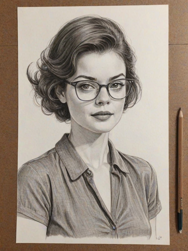 Gorgeous Nora Zehetner, pencil sketch, portrait of Graceful woman 1961s in glasses, hair style beatnik, outline, clear lines, fine lines, 8k