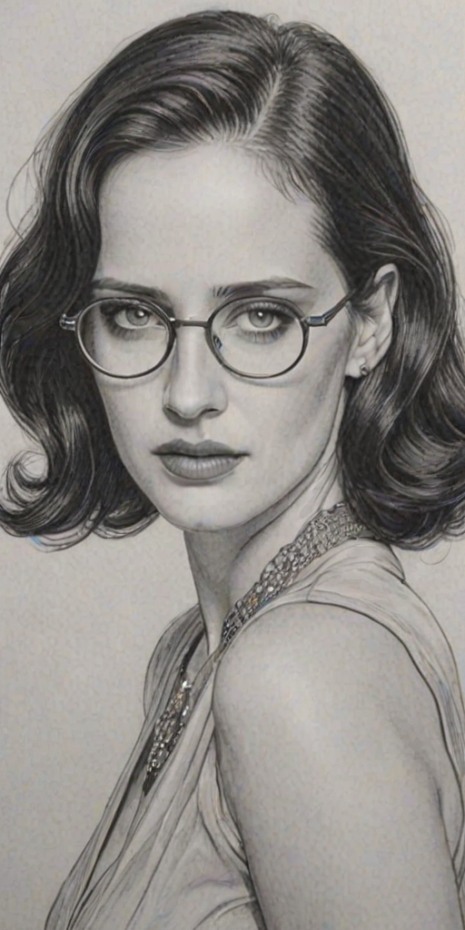 Magnificent Eva Green, pencil sketch, portrait of Beauteous woman 1935s in glasses, hair style beatnik, outline, clear lines, fine lines, 8k