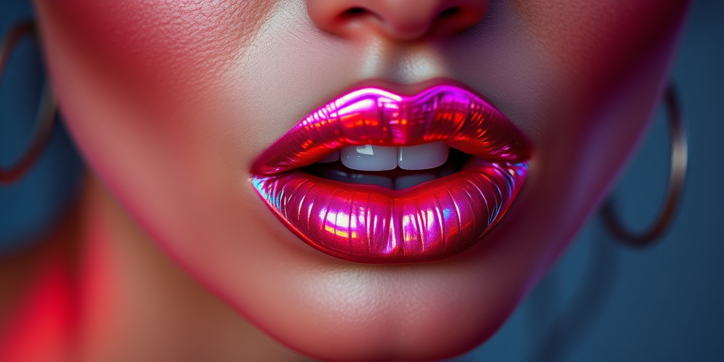 Daring woman lips adorned with holographic iridescent lipstick, shifting colors in the light, futuristic and avant-garde, pushing beauty boundaries