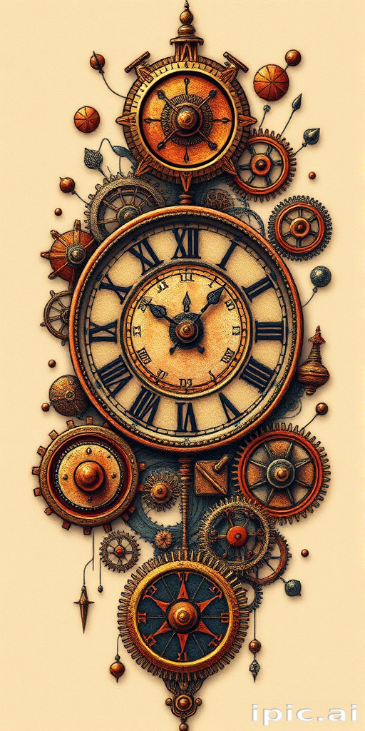 Steampunk tattoo titled "Clockwork Reverie" incorporating vintage mechanical elements gears and Victorian-inspired motifs with a mix of copper and brass tones