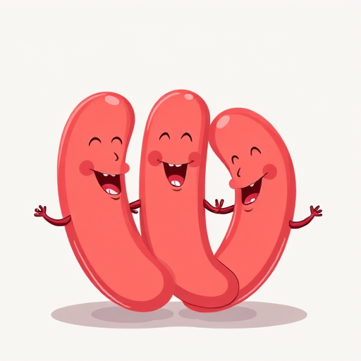 Generate a vibrant illustration of three stylized sausages in a playful arrangement, using a high-resolution digital camera at 50mm lens, f/8 aperture, ISO 100, soft lighting to enhance colors and details, captured from a slightly elevated view for depth.