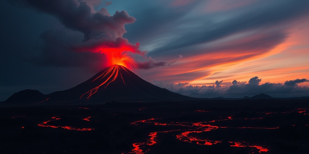 Generate a dramatic image of an erupting volcano under a dark sky with a glowing red sunset, include flowing lava rivers in the foreground, use a DSLR camera with a 24mm lens, aperture set to f/8, ISO 100, shutter speed 1/125s, captured from a low angle perspective to enhance detail and depth.
