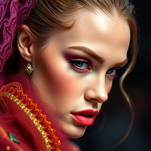 Runway capture, a beautiful model, vibrant colors, metallic textures, high fashion editorial , a 100mm macro lens to get extreme close-ups of intricate details like fabric stitching, accessories, or makeup artistry