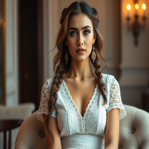 Create a portrait of a refined and elegant Kurdish woman seated in a sophisticated setting. She has long, wavy hair styled in two thick braids that are pulled over her shoulders. She wears a white, lace gown with intricate patterns, featuring a deep V-neckline and short sleeves. The dress exudes a vintage charm with its delicate lacework. She is adorned with ornate, dangling earrings that add a touch of glamour to her appearance. The background is softly lit, with warm, ambient lighting that creates a cozy and inviting atmosphere. Her expression is poised and serene, capturing a sense of grace and elegance.