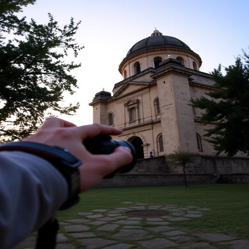 Photograph a historical monument with a low-angle view at sunrise, using a DSLR camera with a 24mm lens, aperture f/8, ISO 100, and a shutter speed of 1/125s to capture details and enhance colors.