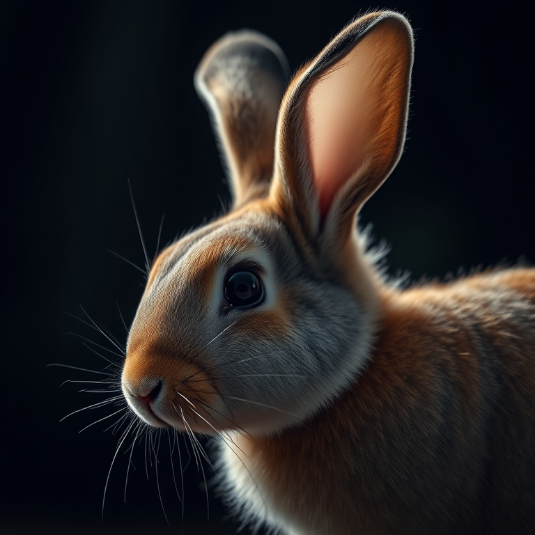 Capture a close-up side profile of a rabbit with its ears perked, using a Canon EOS R with a 50mm f/1.8 lens, aperture f/2.8, ISO 200, shutter speed 1/200s, in a moody dark backdrop with soft lighting to enhance texture and detail.