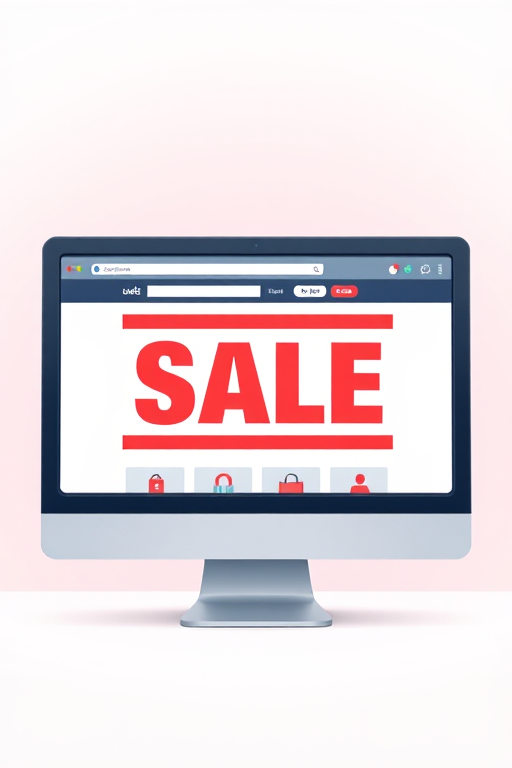 Create a high-resolution illustration of a computer screen displaying an online shopping website with a bold "SALE" banner, use a 50mm lens, f/8 aperture, ISO 100, 1/125s shutter speed, and a front view with a soft gradient background for a clean aesthetic.