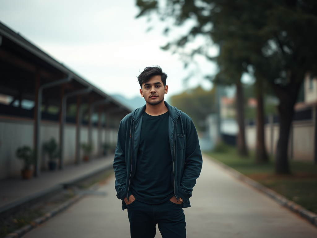 regenerate the image of a person standing outdoors with a relaxed pose, use a Canon EOS R5 camera, 50mm lens, aperture f/1.8, ISO 100, natural light, shallow depth of field, slightly desaturated colors for a moody effect, focus on the subject while softly blurring the background