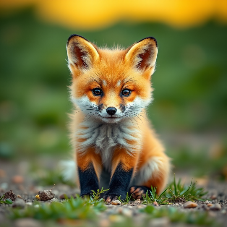 Generate a high-resolution image of a fluffy orange fox cub sitting, captured with a DSLR camera at f/2.8 aperture, 50mm lens, ISO 200, natural daylight, and a shallow depth of field for a soft background.