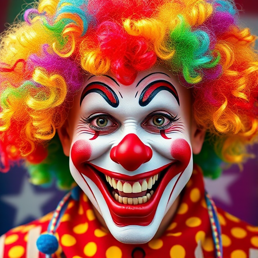 Generate a vibrant, high-quality illustration of a clown with a colorful wig and big smile, use a DSLR camera with a 50mm lens, aperture f/1.8 for a shallow depth of field, ISO 100, and a soft lighting style to enhance details and colors.