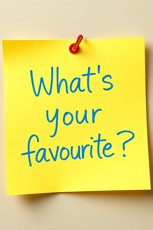 Yellow post-it note, hand written in cyan pen text "What's your favorite??", 3d, hd, hyper realistic,