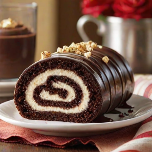 Create an image of a chocolate roll cake filled with a creamy filling and adorned with crushed cookies on top. The cake should have a rich, dark color and a swirl of the filling visible when sliced. Include a few whole cookies nearby for decoration. The setting should be bright and inviting, emphasizing the dessert's deliciousness.