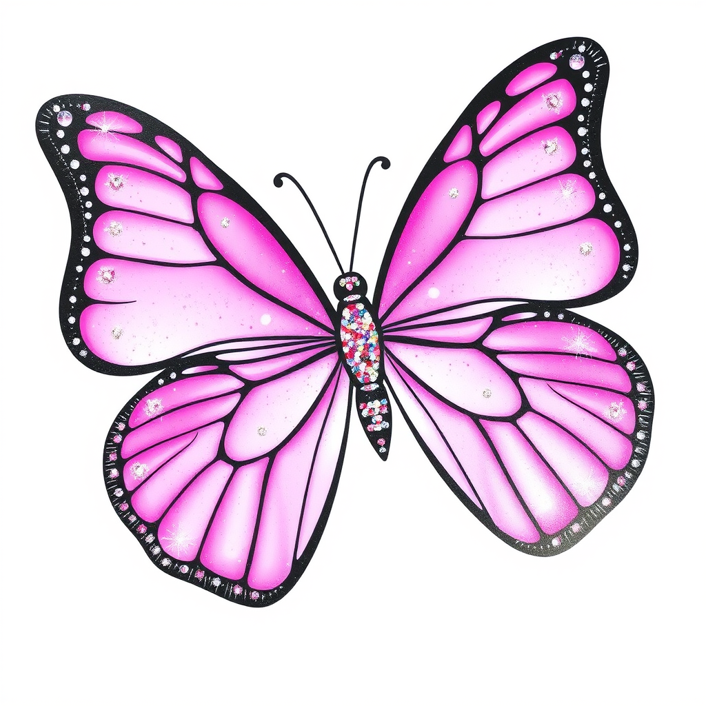 Create an image of a butterfly with vibrant pink wings adorned with sparkling glitter. The butterfly should have intricate black outlines and a smooth, glossy appearance, set against a clean white background.
