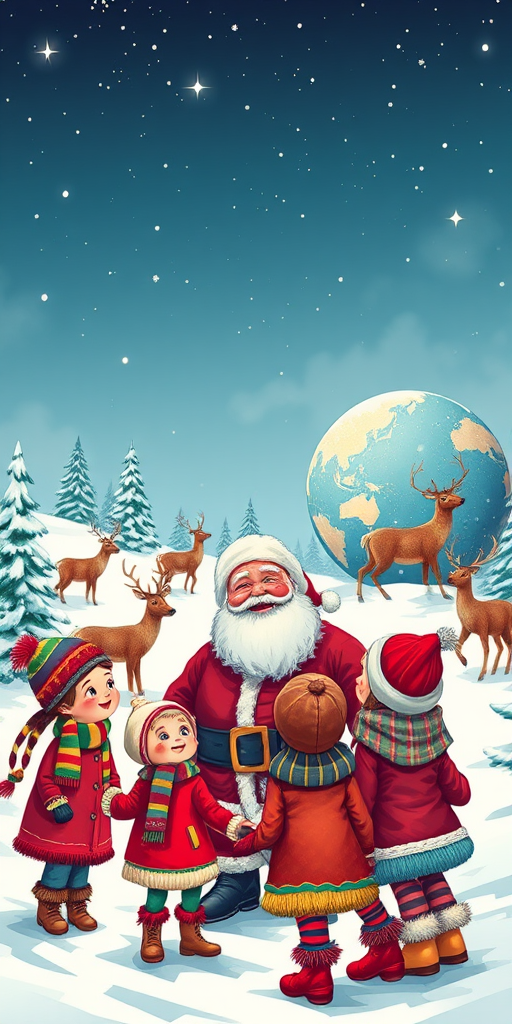 Create a festive winter scene featuring a cheerful Santa Claus in a snowy landscape. Include three children wearing colorful winter outfits with scarves, looking towards Santa. Add playful deer in the background and a large globe decorated with holiday motifs. The sky should be filled with stars, and there should be trees dotting the landscape.
