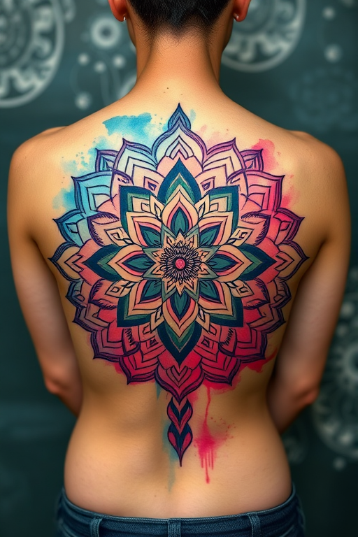 Breathtaking body tattoo featuring intricate mandala patterns in vibrant watercolor style, blending teal and magenta hues across the back, symbolizing spiritual awakening and inner balance