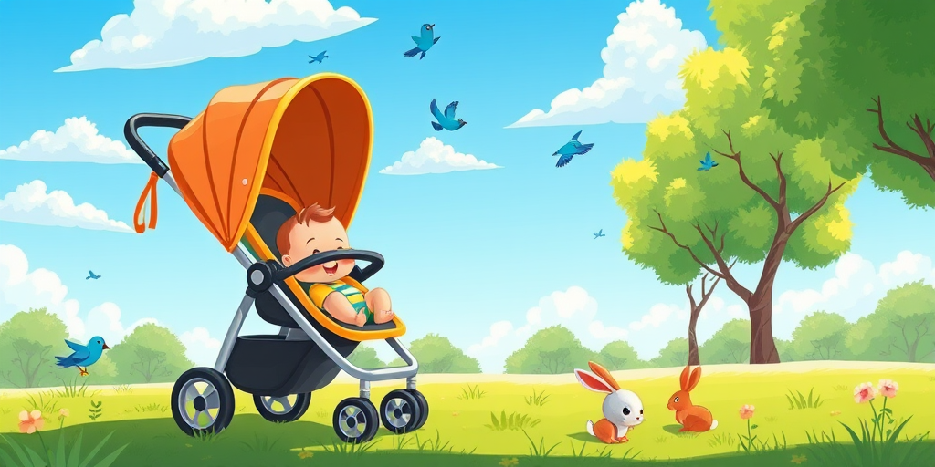Generate a cartoon-style illustration of a baby in a stroller in a lush green park, with bluebirds and a rabbit nearby, bright blue sky with fluffy white clouds, using a digital art style, camera settings ISO 100, f/5.6, shutter speed 1/200, top view angle for a dynamic composition.