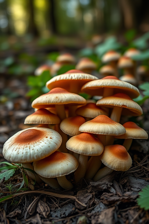 Generate a detailed close-up image of a cluster of various mushrooms in a forest setting, with soft natural lighting, f-stop of 2.8, ISO 100, shutter speed of 1/125 sec, using a DSLR camera with a macro lens for enhanced texture and depth.