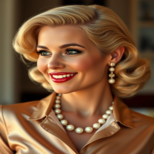 A beautiful Garifuna woman reminiscent of 1950s Hollywood glamour, with perfectly styled blonde hair and a seductive smile, dressed in a satin blouse and adorned with pearls, soft and warm tones, photorealistic, 8K