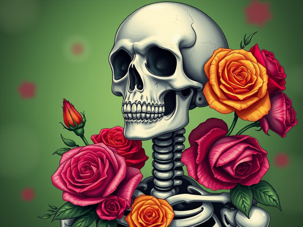 Create a vibrant, detailed illustration of a skeleton woman adorned with colorful roses, set against a soft green background, using a Canon EOS 5D Mark IV with a 50mm f/1.8 lens, aperture set to f/8, ISO 100, and a slight vignette effect for enhanced depth.