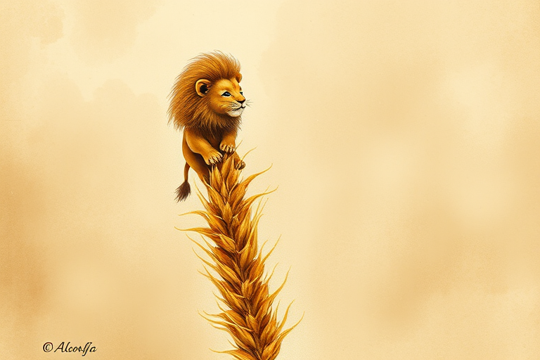 Soft, muted Alcohol Ink with ebru effect background image of tiny whimsical lion, who climbed high on the top of a golden rye ear.