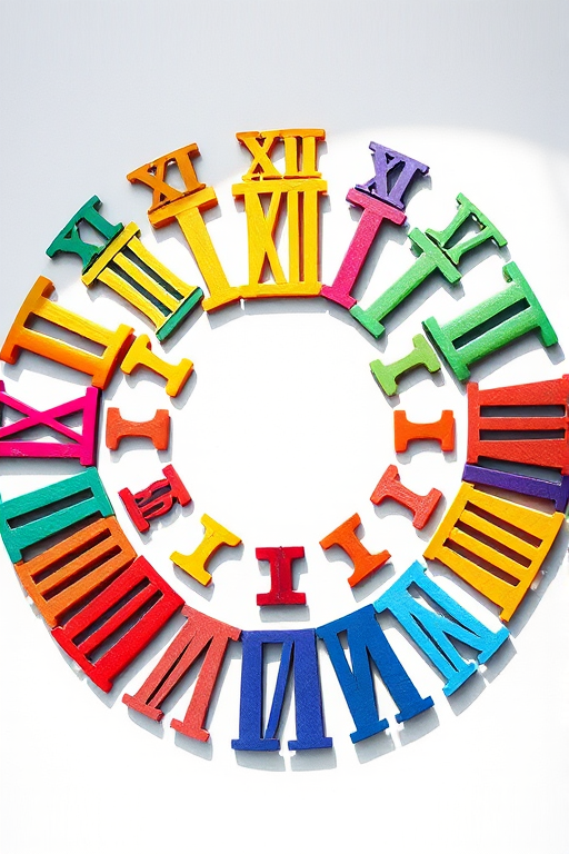 Create an illustration of a circular arrangement of colorful, stylized Roman numerals from I to XII, in a vibrant, playful art style, captured with a DSLR camera at f/2.8 aperture, ISO 100, 24mm focal length, top-down view, natural daylight lighting to enhance colors and clarity.