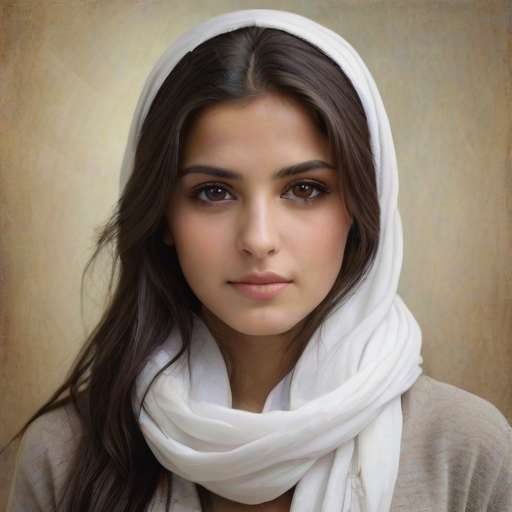 Create a portrait of a young Chaldean female with long, dark hair and captivating hazel eyes. She is wearing a white headscarf and a matching scarf draped gracefully around her neck. The background is softly blurred, focusing attention on her serene and natural expression. The overall color palette is muted and warm, enhancing the intimate and authentic feel of the portrait.