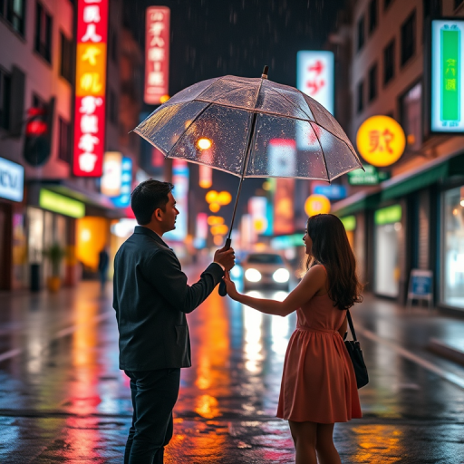 create a romantic scene of a couple holding hands under an umbrella in a rainy urban street at night with colorful neon lights in the background, use a Canon EOS 5D Mark IV with a 50mm f/1.8 lens, set the aperture to f/1.8, ISO 800, shutter speed 1/50 sec, in a soft focus style to enhance the dreamy atmosphere