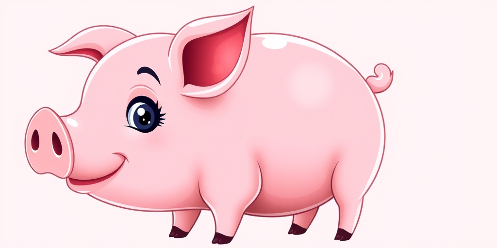 Create a high-resolution vector illustration of a cartoon pig facing left, with a glossy pink finish, detailed shading, and a cute expression, using a soft-focus lens, f/2.8 aperture, 50mm focal length, shot in natural light.