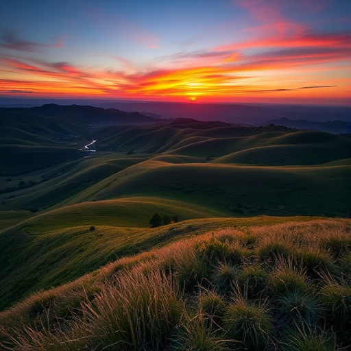 Create a high-resolution image of a serene landscape featuring rolling hills and a vibrant sunset, taken with a Canon EOS R5, 24-70mm lens at f/8, ISO 100, 1/250 sec, with a wide-angle view to capture the vastness of the scene.