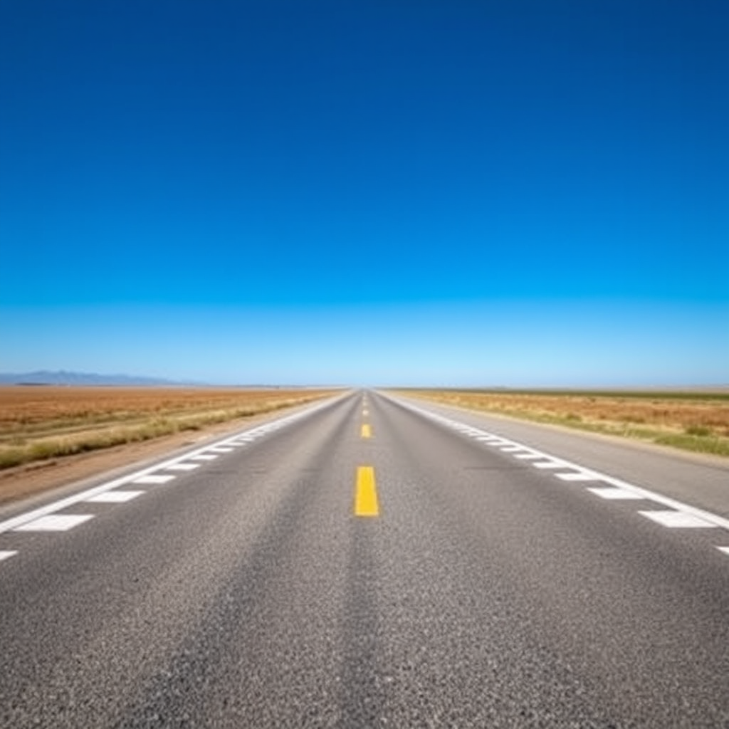 A long, straight road leading into the distance with a checkered pattern on the sides under a clear blue sky, shot with a DSLR camera at f/8, ISO 100, 1/200s, taken from a low angle wide-angle lens perspective to emphasize depth and enhance the image quality.
