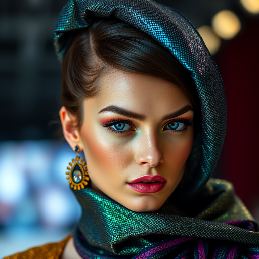 Runway capture, a beautiful model, vibrant colors, metallic textures, high fashion editorial , a 100mm macro lens to get extreme close-ups of intricate details like fabric stitching, accessories, or makeup artistry