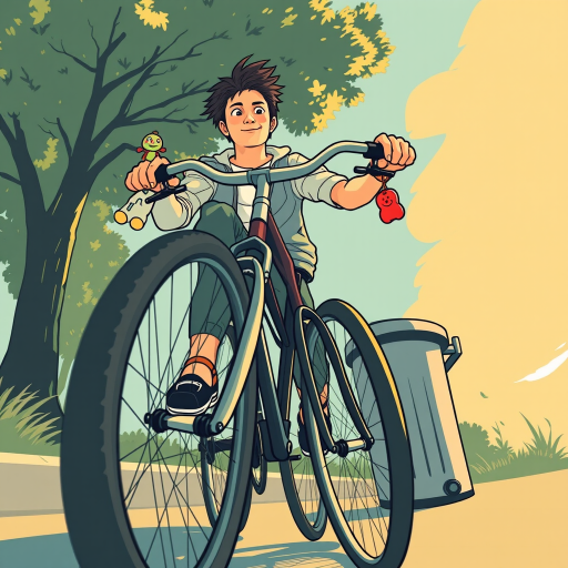 Create a detailed vector illustration of a person riding a bicycle while holding a toy in one hand, with a trash bin nearby, shot from a low-angle perspective, using a Canon EOS 5D Mark IV camera, aperture f/4, shutter speed 1/250s, and ISO 100 for sharpness and clarity.