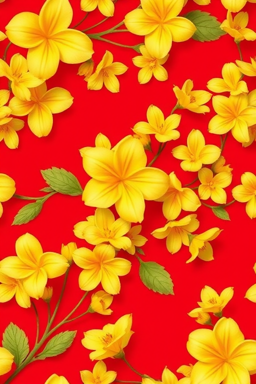 Generate a seamless floral pattern with twisting yellow flowers on a red background, captured with a Canon EOS R5 using a 50mm f/1.2 lens, aperture set to f/4, ISO 100, and a soft focus style for enhanced detail.