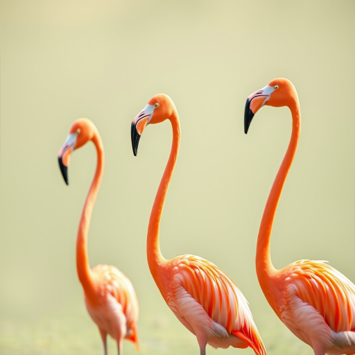Generate a high-resolution image of three flamingos standing in profile against a transparent background with shallow depth of field, using a full-frame DSLR camera, 50mm lens at f/1.8, ISO 200, and natural lighting for enhanced colors and contrast.