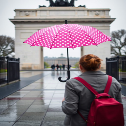 Generate an image of two people walking through a monument with a pink polka-dotted umbrella, shot with a Canon EOS 5D Mark IV, aperture f/5.6, shutter speed 1/250s, ISO 200, 50mm lens, focused on the subjects in the foreground with a slightly blurred background for depth.