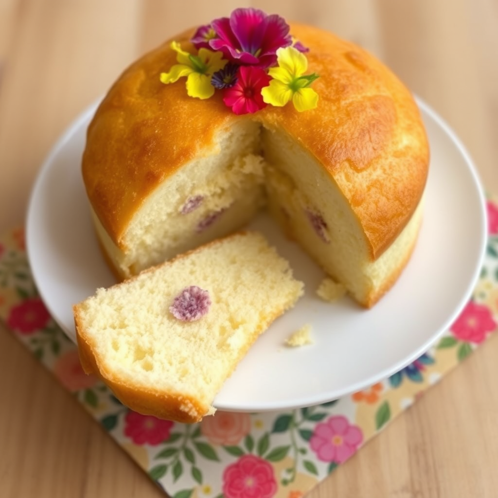 A beautifully baked fluffy cake with a golden brown crust partially sliced showing its soft interior decorated with edible flowers on a white plate with a colorful napkin underneath.