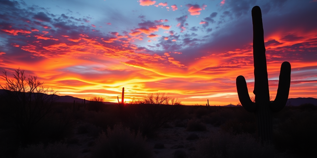 Create a vibrant desert sunset scene with a wide-angle view, using a full-frame DSLR camera set to f/11, ISO 100, and a shutter speed of 1/125 sec, capturing the rich colors of the sky and detailed silhouettes of cacti and shrubs in the foreground with long shadows.