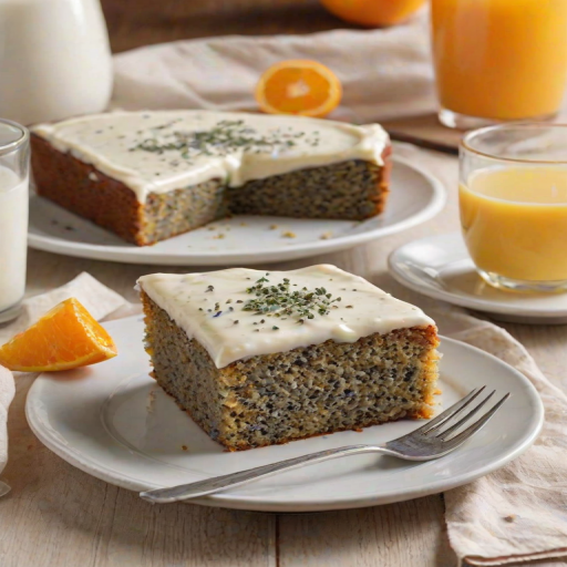Create an image of a slice of poppy seed cake with a creamy glaze on top, placed on a piece of parchment paper. Include a glass of orange juice in the background, with a fork resting next to the cake. The setting should be bright and inviting, suggesting a casual afternoon treat.