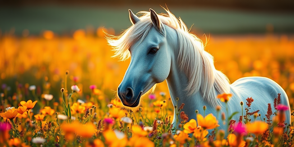 A majestic white horse with a flowing mane in a vibrant flower-filled meadow during golden hour, soft focus, aperture f/2.8, ISO 100, shot at 50mm with a DSLR camera, portrait style, natural lighting.