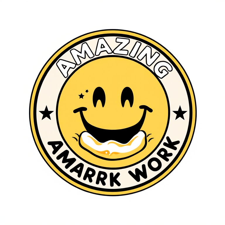 Create an illustration of a circular badge featuring a smiley face with beer in its mouth, surrounded by the words Amazing Work in a playful font, using a Canon EOS R5 camera with a 50mm f/1.2 lens, aperture set to f/2.8 for sharpness, ISO 100 for optimal detail, and a vibrant color palette to enhance visual appeal.
