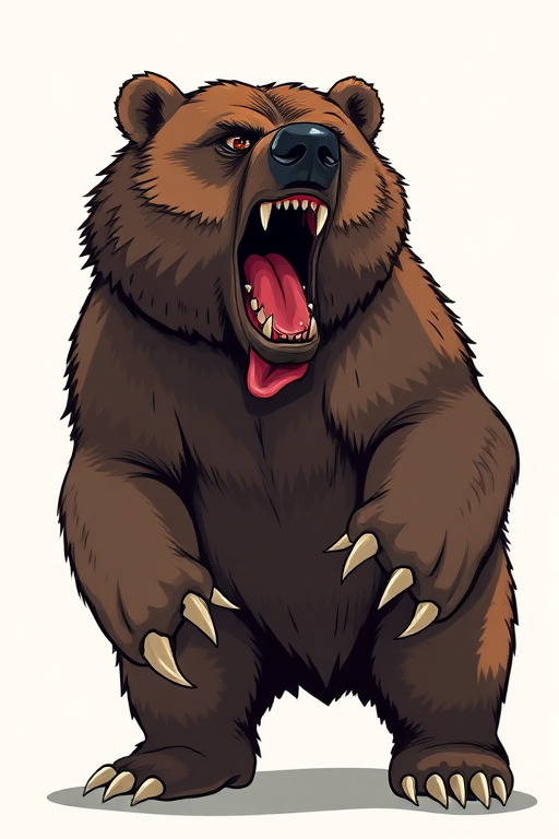 Create a detailed illustration of a bear standing upright with a fierce expression, emphasizing its sharp claws and open mouth with a red tongue, using a high-resolution camera at 50mm focal length, f/1.8 aperture, natural lighting, in a vector art style with a focus on contrast and clarity.
