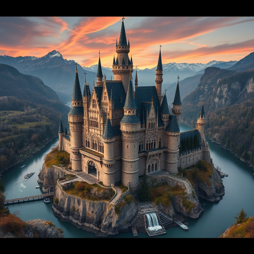 fantasy castle with intricate architecture surrounded by a river and mountains, shot with a Canon EOS R5, 24mm lens, f/8 aperture, ISO 100, HDR style, aerial view, vibrant colors, high detail